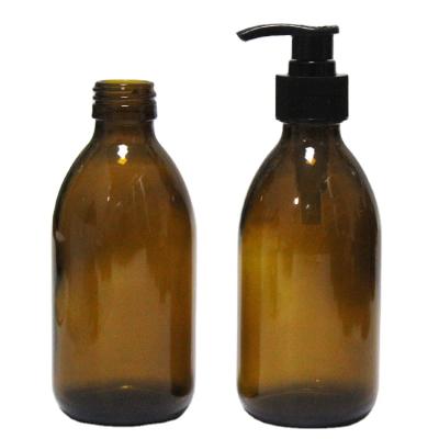 China Personal Care 250ml Round Amber Hair Shampoo Conditioner Container Lotion Pump Cosmetic Glass Bottles for sale