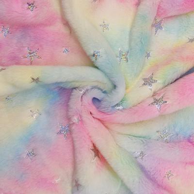 China 100%polyester Fashionable Iridescent Rainbow Colors Tie-Dyed Bronzing Star 100% Polyester Faux Fur Rabbit Plush Fleece Fabric for sale