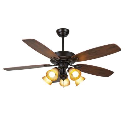 China Factory Price Home Style American Antique 52 Inch Wood Blade Ceiling Fan With Lamps for sale