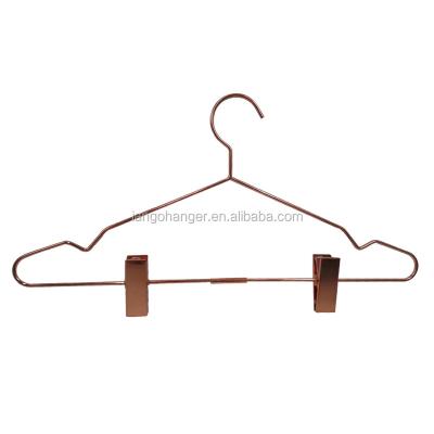 China Multifunctional Rose Gold Stainless Steel Metal Wire Clothes Pants Hanger With Clips for sale