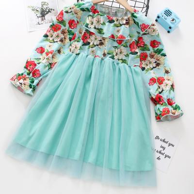 China Washable Cyan Two-Tone Girls' Mesh Flower Dress Toddler Girls Floral Skirt Teenage Dress for sale