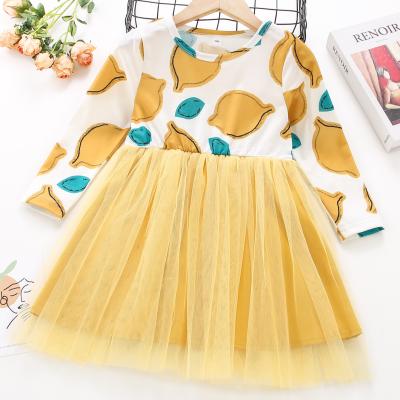 China Anti-wrinkle girls yellow lemon print mesh flared edge casual dress fruit dress lemon mesh dress kids wear for sale