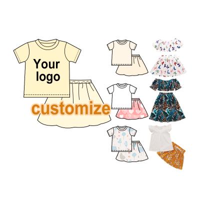 China Butterfly Print Girls Short Sleeve Cartoon Floral Bardot Top With Skirt 2pcs Kids Dress Set for sale