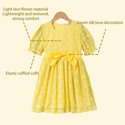 China 2-13T Summer Party Kids Knee-Length Girls Dress Elegant Lace Square Zipper Neck Washable Solid Floral Bow A-Line Dress for sale