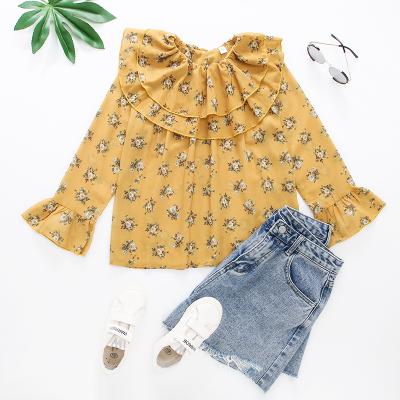 China 4-11T Spring Autumn Anti-Shrink Girls All Over The Tiered Floral Print Layer Ruffle Blouse Girls Shirt Kids Girls Clothes for sale