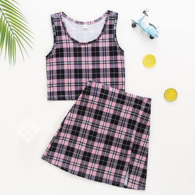 China Fanmifashion Girls Scoop Neck Plaid Tank Top and Soft Skirt Set for sale