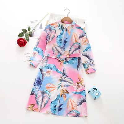 China Washable Floral Button Front Belted Shirt Dress Girls Shirts with Sashes and Lapel Floral Dresses for sale