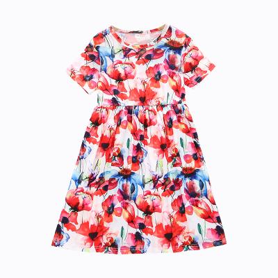 China Summer Breathable Short Sleeve Floral Print Dress Girl Loungerwear Kids Homewear Clothes A Line Casual Dress For Girl for sale