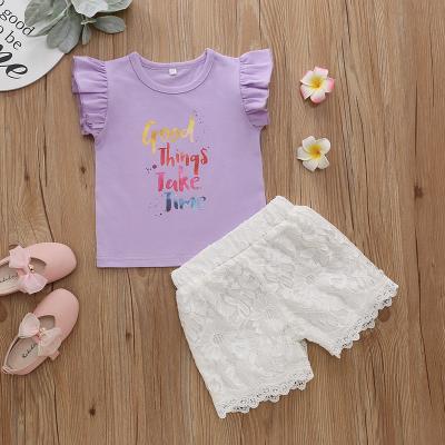 China Spandex/polyester/cotton kids set clothes summer costume for kids lace top short sleeve white shorts for sale