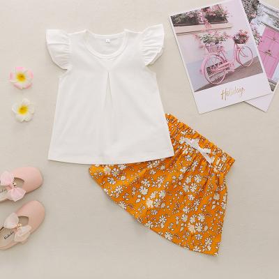 China Spandex/Polyester/Cotton Children Set Clothes Summer Suit For Kids Flower White Short Sleeve Top Skirt for sale