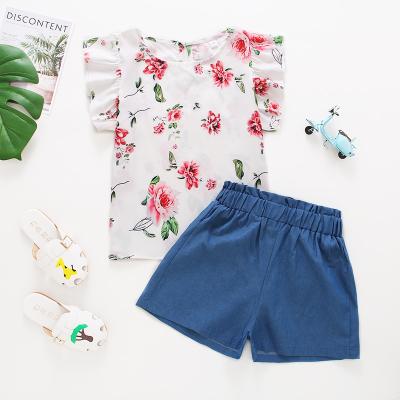 China Fashion\Comfortable\Durable Girl Clothes Short Set Girls Floral Ruffle Tee And Paper Bag Size Shorts Kids Set Clothes Kids Daily Wear for sale