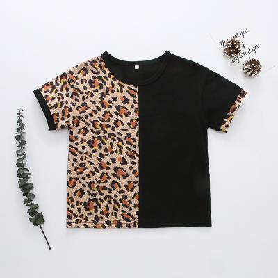 China Fanmifashion Girls Anti-Shrink Leopard Spliced ​​Neck Round Tee Girls T-Shirt for sale