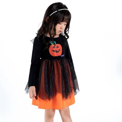 China Breathable Girls Dress Halloween Girls Pumpkin Pattern Gauze Dress Casual Dress For Girl for sale