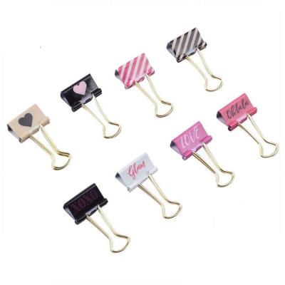 China Beautiful Promotional Custom Design 19mm OEM Printing Metal Gold Handle Binding Clips Unique Paper Clips for sale