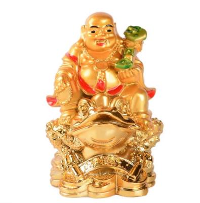 China Resin Europe Gold Laughing Buddha Sitting on Money Frog Statue Feng Shui Wealth Lucky Gift Decoration for sale