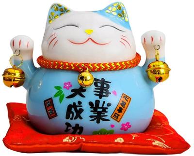 China Maneki Neko Lucky Cat Coin Bank Style Bussiness Blue Ceramic Piggy Bank Garden Decoration 4.5