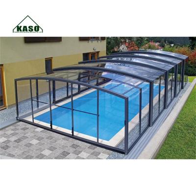 China Florida Screen Roof Enclosure Curved Glass Enclosed Hot Tub Patio Covered Idea Swimming Pool Electric Cover for sale