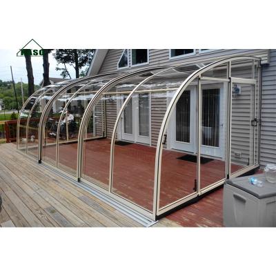 China Modern Telescopic Conservatory Curve Polycarbonate Roof Patio Pool Aluminum Glass Retractable Sunroom for sale