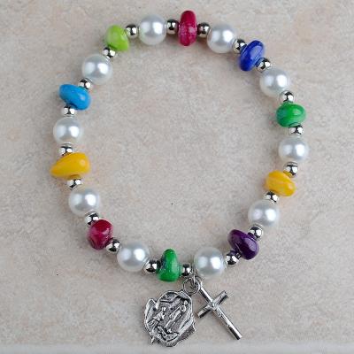 China Religious Colorful 8mm Sea Shell Beads With Bead Beads Catholic Decade Bracelet With Lourdes Medal And Cross For Women for sale