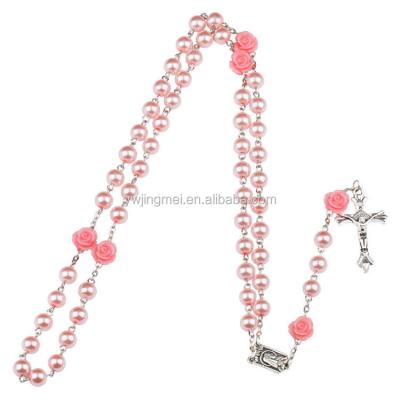 China BZEM0001 8mm Religious Pearl Glass Beads With Coral Rose Beads Catholic Church Religious Jewelry Gifts Necklace For Women for sale