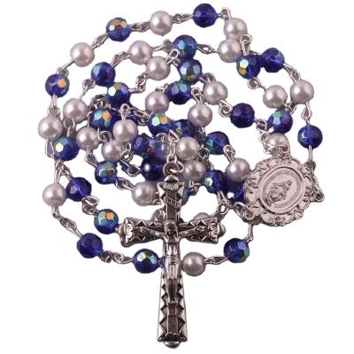 China Religious Factory Custom Blue Pearl Beads Silver Color Virgin Mary Catholic Religious Items Rosary Cross Christian Chain Necklace Pendant for sale