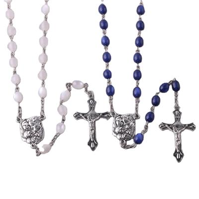 China New Design Religious Fashion Jewelry Christian Catholic 6*8mm Blue Beads Rosary Prayer Rosaries Crucifix Pendant Necklace for sale