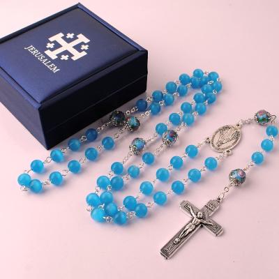 China Religious Blue 8mm Cat Eyes With Azure Stone Glory Beads Catholic Rosary Necklaces With Leather Jewelry Gift Box for sale