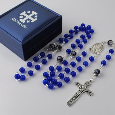 China Religious 8mm Dark Blue Glass Cat Eye Beads Catholic Rosary Necklace With Jerusalem Leather Box For Boys for sale