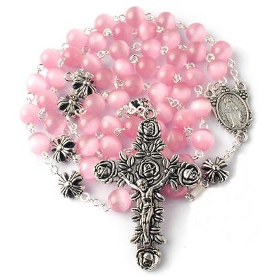 China First Religious Rosary with 8mm Pink Color Cat Eyes Beads and Cross Zinc Alloy Glory Beads with Rose Crucifix for Girl for sale