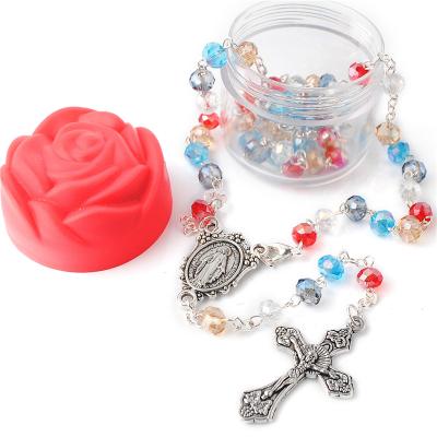 China Religious Catholic Design Religious Style Crystal Beads Rosary Necklace 6mm Clear Multicolor With Plastic Rose Box for sale