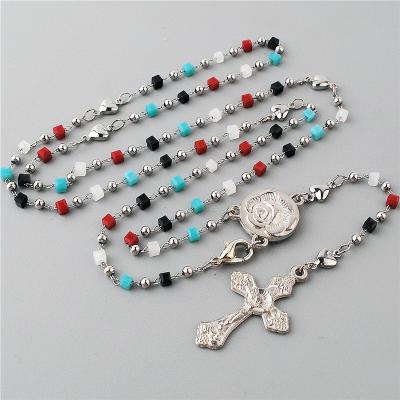 China Religious Catholic Religious 2x2mm Crystal Beads Dots with 2mm Steel Beads and Stainless Steel Catholic Rosary Chain Necklaces for sale