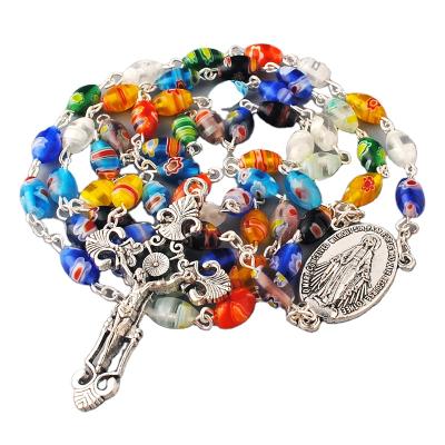 China Unique Religious Jewelry Made to Order Religious 6x9mm Azure Glass Beads Catholic Rosary Multicolor with Virgin Mary Centerpiece and Crucifix for sale