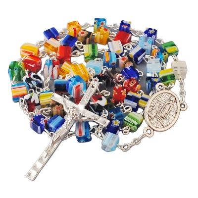 China Custom Religious Catholic Necklace 6x6mm Azure Glass Square Beads Rosary Multicolor From Religious Factory Rosary With Lourdes Center Piece for sale