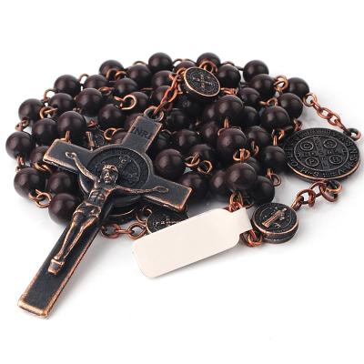 China Religious Antique Copper Plated Glass Beads Rosary Necklace With St Benedict Center And Crucifix Customized Catholic Necklace CRN008 for sale