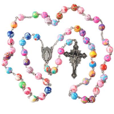 China Girls Religious Multicolor 8mm Necklace from Clay Round Beads Catholic Rosary with Virgin Mary Center Piece Medal and Crucifix in Anti-silver P for sale