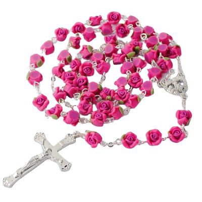 China Religious Classic Catholic Religious Items Crucifix Charm Pendant Chain Necklaces Rose Flower Beads Catholic Rosary For Girls for sale