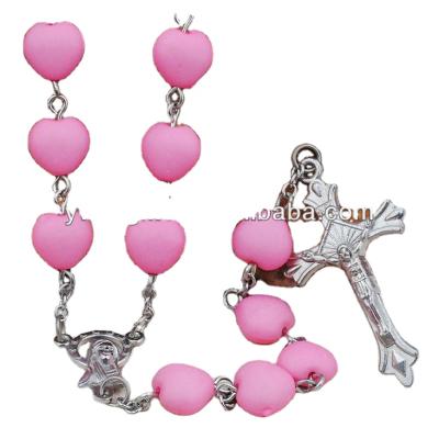 China Unique Pink 8mm Religious Heart Shaped Beads Style Acrylic Rosary Beads Necklace for sale