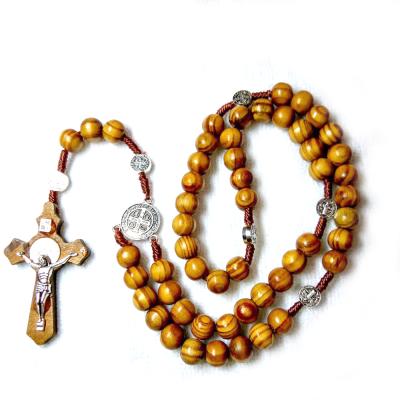 China Religious Religious Rosary Necklace 10mm Wooden Beads With Wooden Catholic Saint Benedict Crucifix Pendant for sale