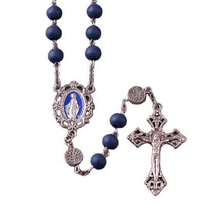 China Blue Catholic Virgin Mary Rosary Chain Necklace Religious Jewelry 8mm Wooden Beads For Prayer for sale