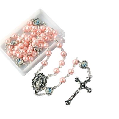 China Religious Pink 6mm Bead Beads With Heart Virgin Mary Metal Beads Catholic Rosary With Rectangle Plastic Box With Jerusalem Printed for sale