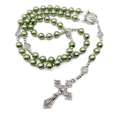 China Catholic Rosary Bead Necklace 8mm Religious Green Beads with Virgin Mary Medal Cross Crucifix Silver Tone Rosaries in Velvet Bag for sale