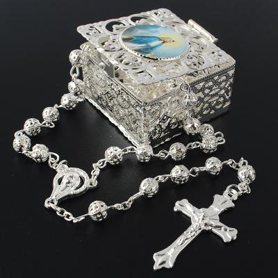 China 6mm Religious Silver Metal Beads Rosary Necklace With Silver Filigree Box for sale