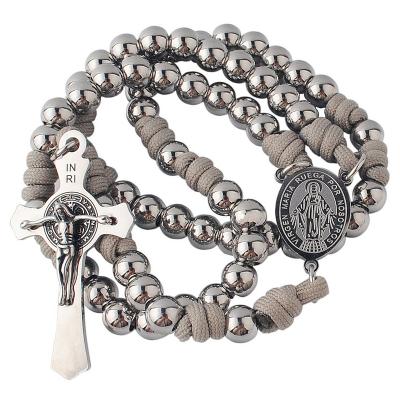 China Silver Stainless Steel 8mm Religious Beads Paracord Rosary with Virgin Mary Center and Stainless Steel St Benedict Crucifix for Men for sale