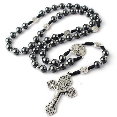 China New Arrival Religious Beads Rosary Necklace Hematite and Stainless Steel Beads Divine Mercy Rosary with Black String for sale