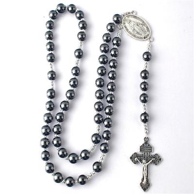 China Kingme Religious Jewelry Necklaces Religious Hematite Beads With 4 Mm Stainless Steel Beads Catholic Rosary On Wire With Virgin Mary Cente for sale