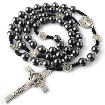 China Religious Catholic Crucifix Prayer Necklace 8 Mm Hematite Beads With 4 Mm Stainless Steel Beads Rosary Necklace With Black Rope for sale