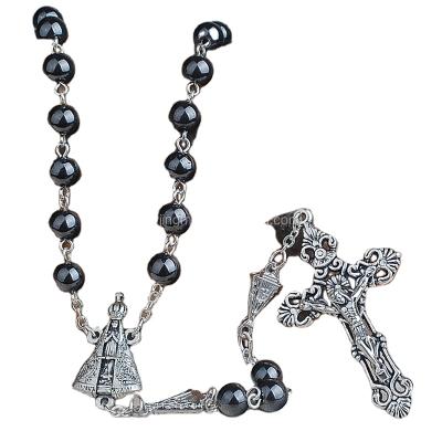 China 8mm Hematite Round Beads Religious Rosary with 6pcs Our Lady of Glory Aparecida Beads for Men for sale