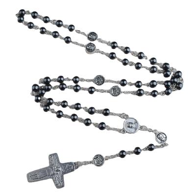 China Kingme New Design Catholic 6mm Hematite Bead Chain Religious Rosary With Pope Connector for sale