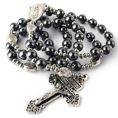 China 8mm Religious Hematite Rosary Beads with Stainless Steel Beads and Divine Mercy Glory Beads Rosary Necklace with Pardon Crucifix for Men for sale