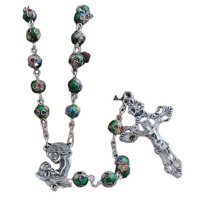 China Italian Religious Silver 8mm Cloisonne Rosary Necklace with Rosary Crucifixes for sale